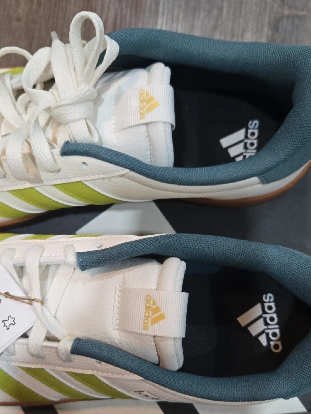 adidas White Sneakers with Lime Green Stripes and Teal Collar
